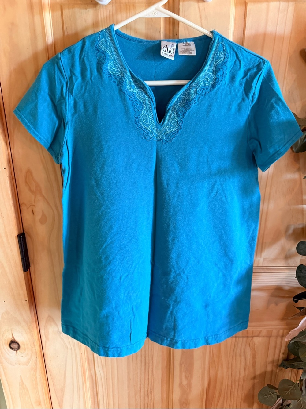 duo maternity medium Embroidered V‑Notch Tee in Bright Teal